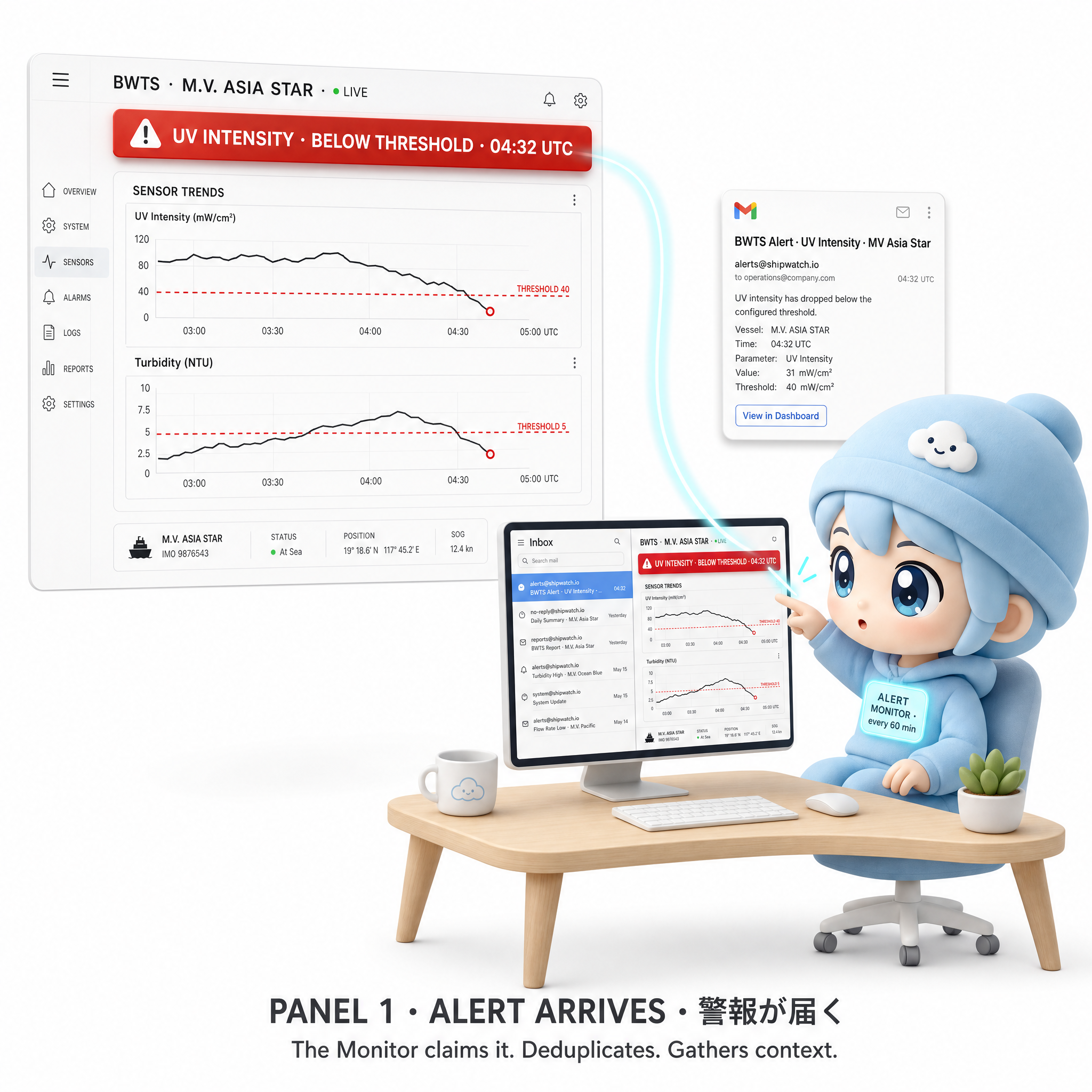 Alert panel — kawaii agent receiving an IoT sensor alert, on a clean white background.