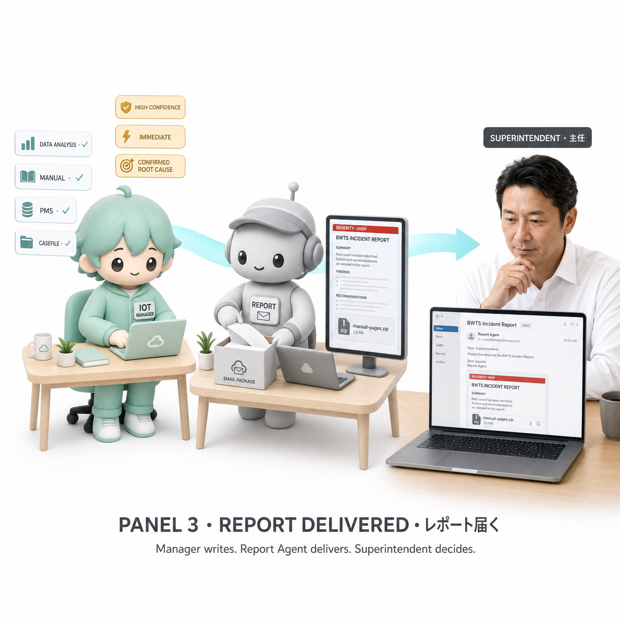 Report panel — kawaii agent delivering an actionable report, on a clean white background.