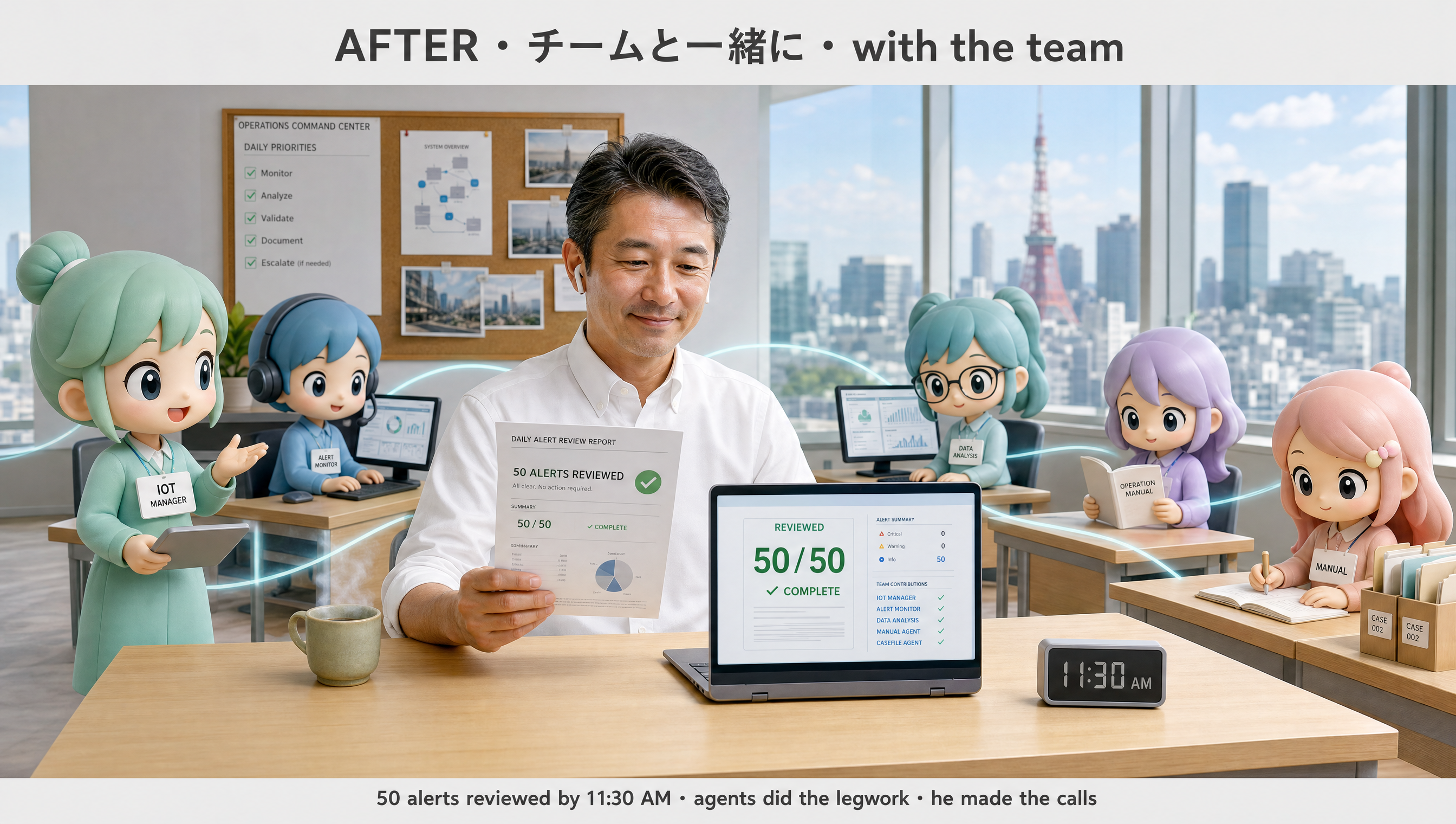 A chief engineer at a clean white desk, calmly directing a small kawaii team of agents working in parallel — each on its own micro-task.