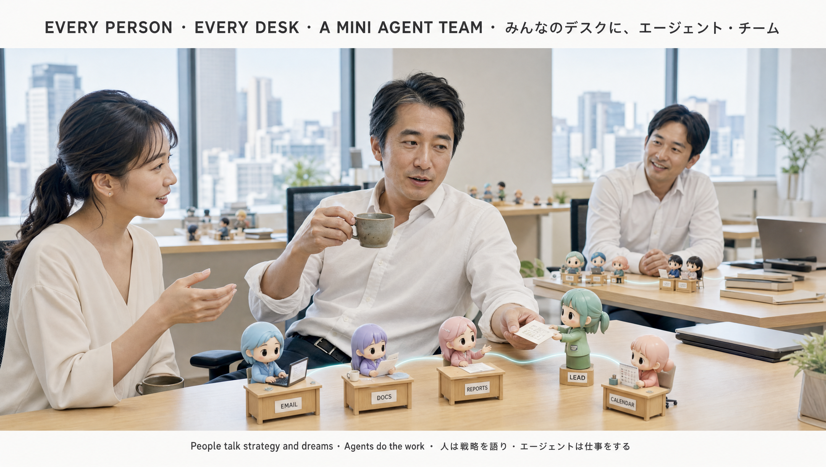 A single person at a clean white desk. Around the desk a cluster of small kawaii agents work quietly — each on its own micro-task. The person directs; the agents execute.