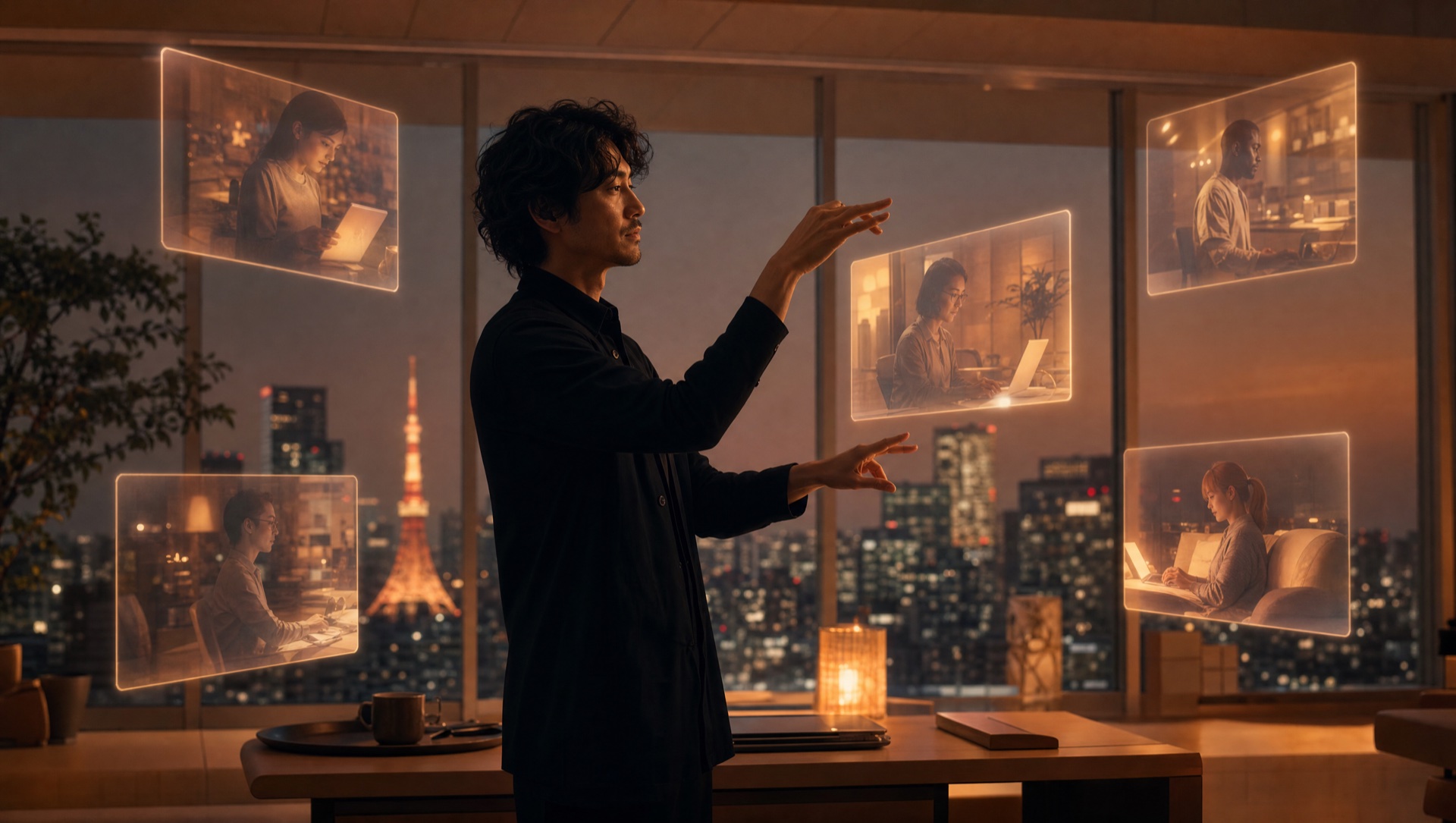 A person at a low desk in a warm-lit modern Tokyo office at dusk. Tokyo skyline visible through floor-to-ceiling windows. The person stands gesturing thoughtfully — like an orchestra conductor — directing several softly-glowing translucent panels around them, each showing a different unseen agent quietly at work. Warm peach and amber palette. The mood is dignified, calm command.