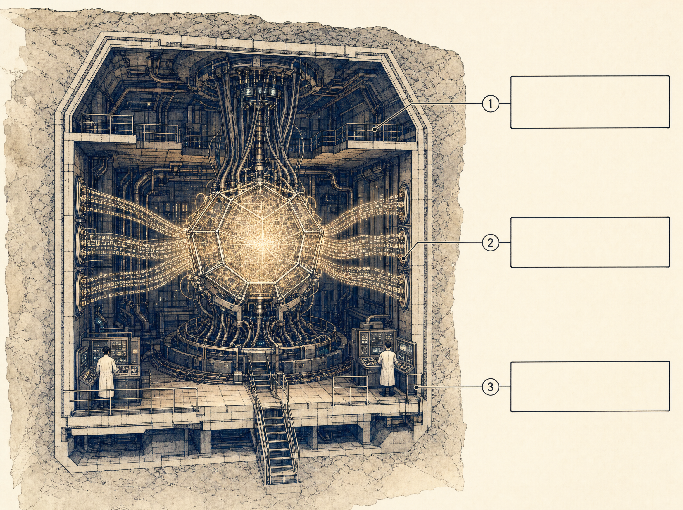 Engine room with a glowing geometric brain core and cables — Layer 1: LLM