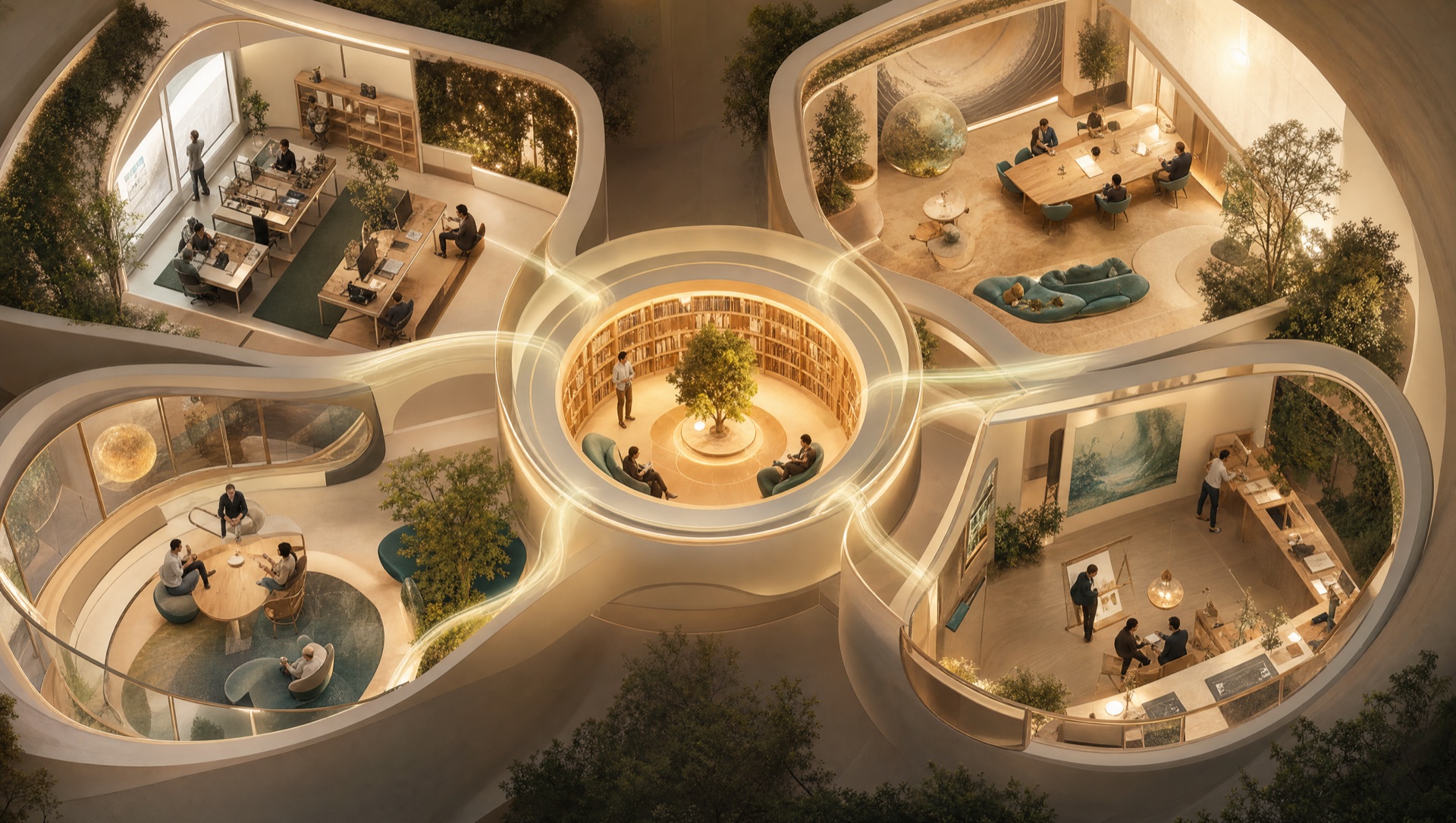 Architectural aerial view of multiple distinct office spaces around one central glowing library. Warm cream and amber tones.